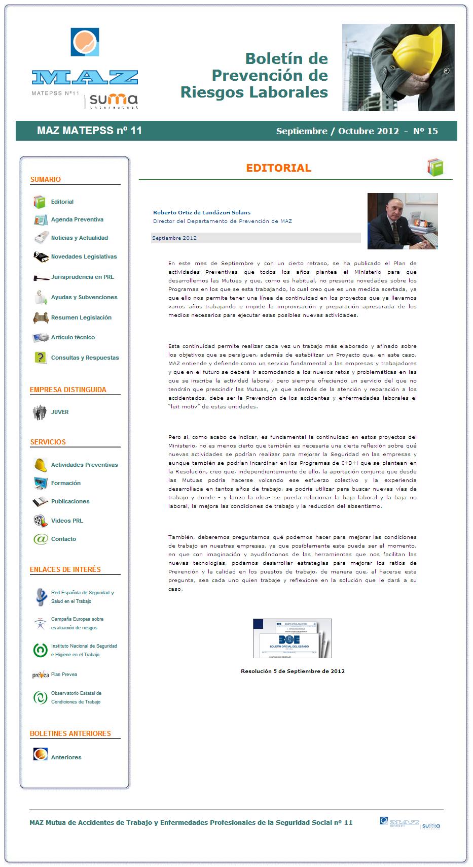 ​Boletín PRL - Nº 15 - Septiembre 2012